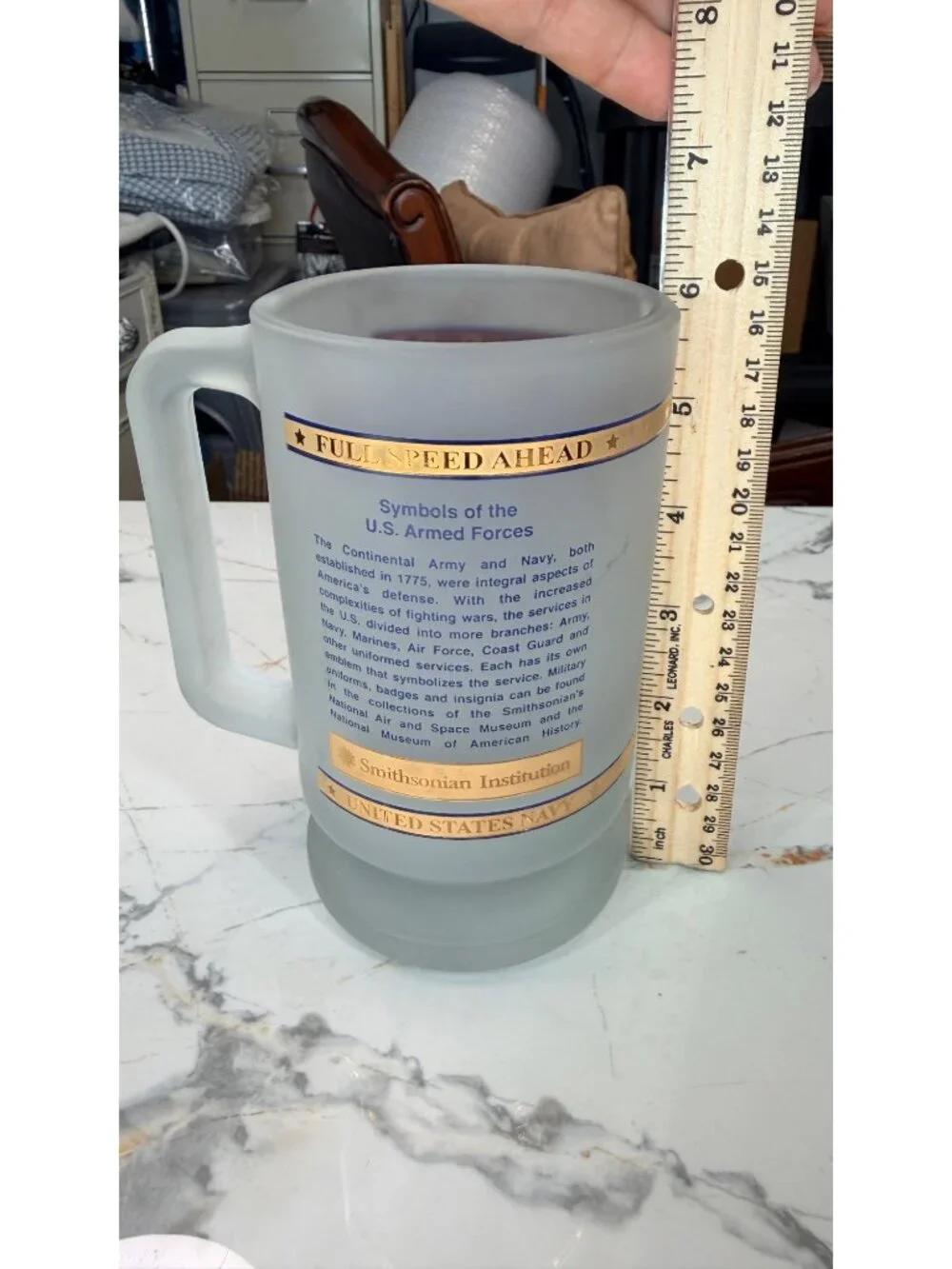 United States Navy Frosted Glass Beer Stein - Gold Eagle Medallion - 
